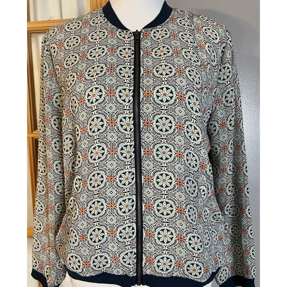 About A Girl Floral Full Zip Jacket L Aqua Red Ribbed Hem Slouchy Lightweight